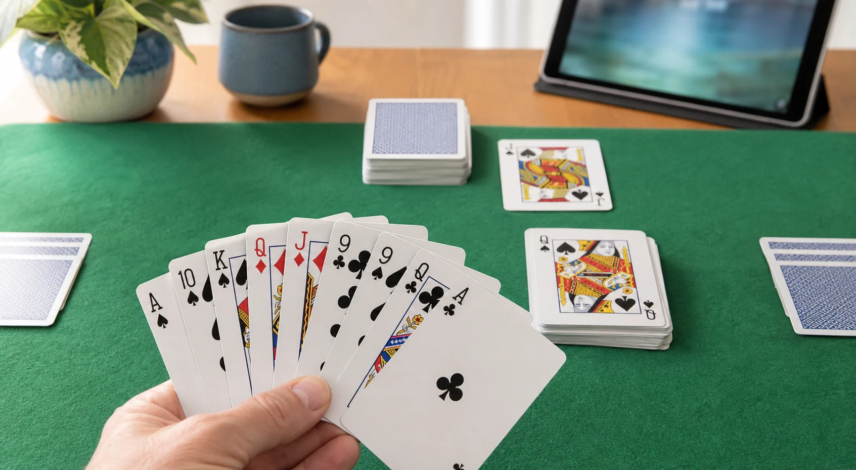 Beginner Pinochle hand with trump area and first trick pile