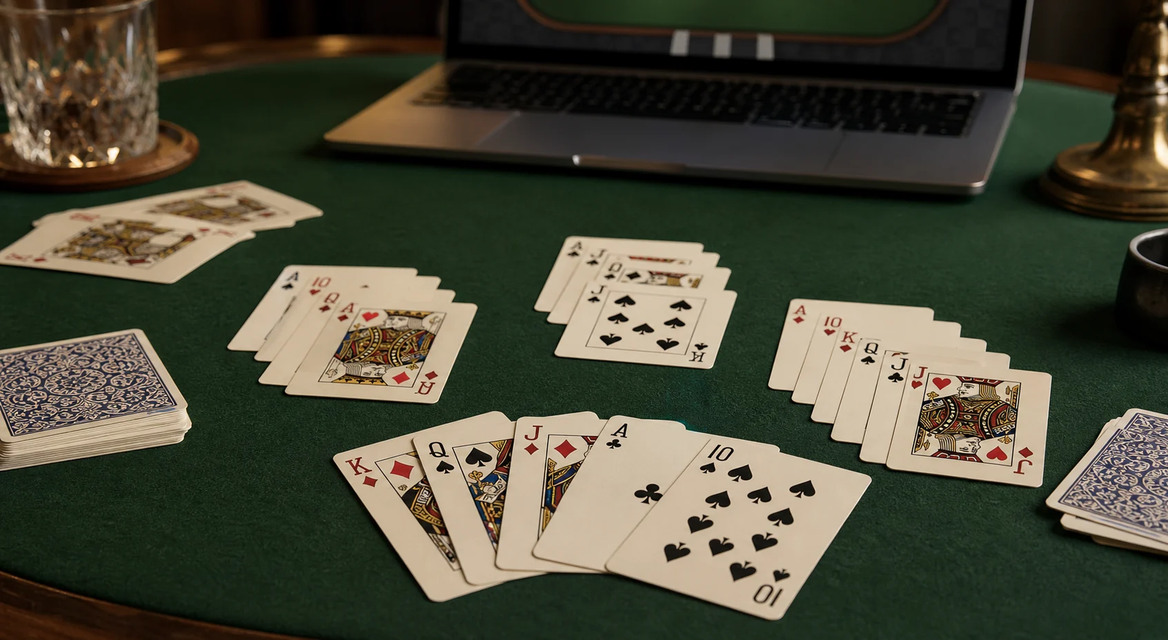 Pinochle cards on green felt beside an online card table scene