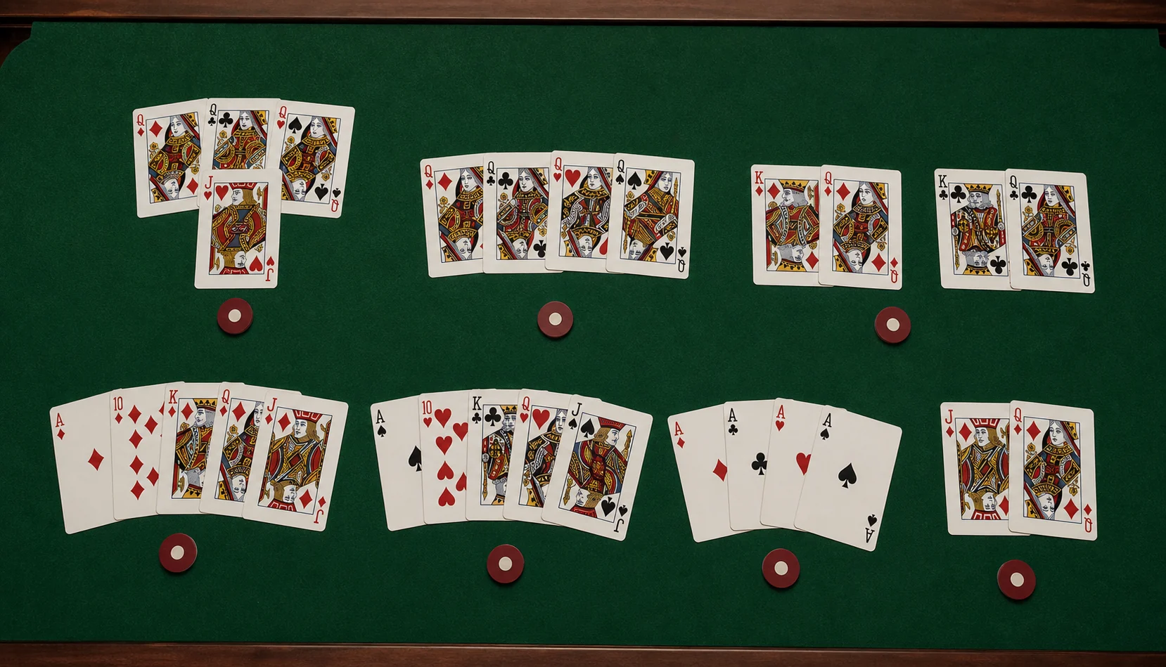Pinochle meld combinations arranged in neat card groups