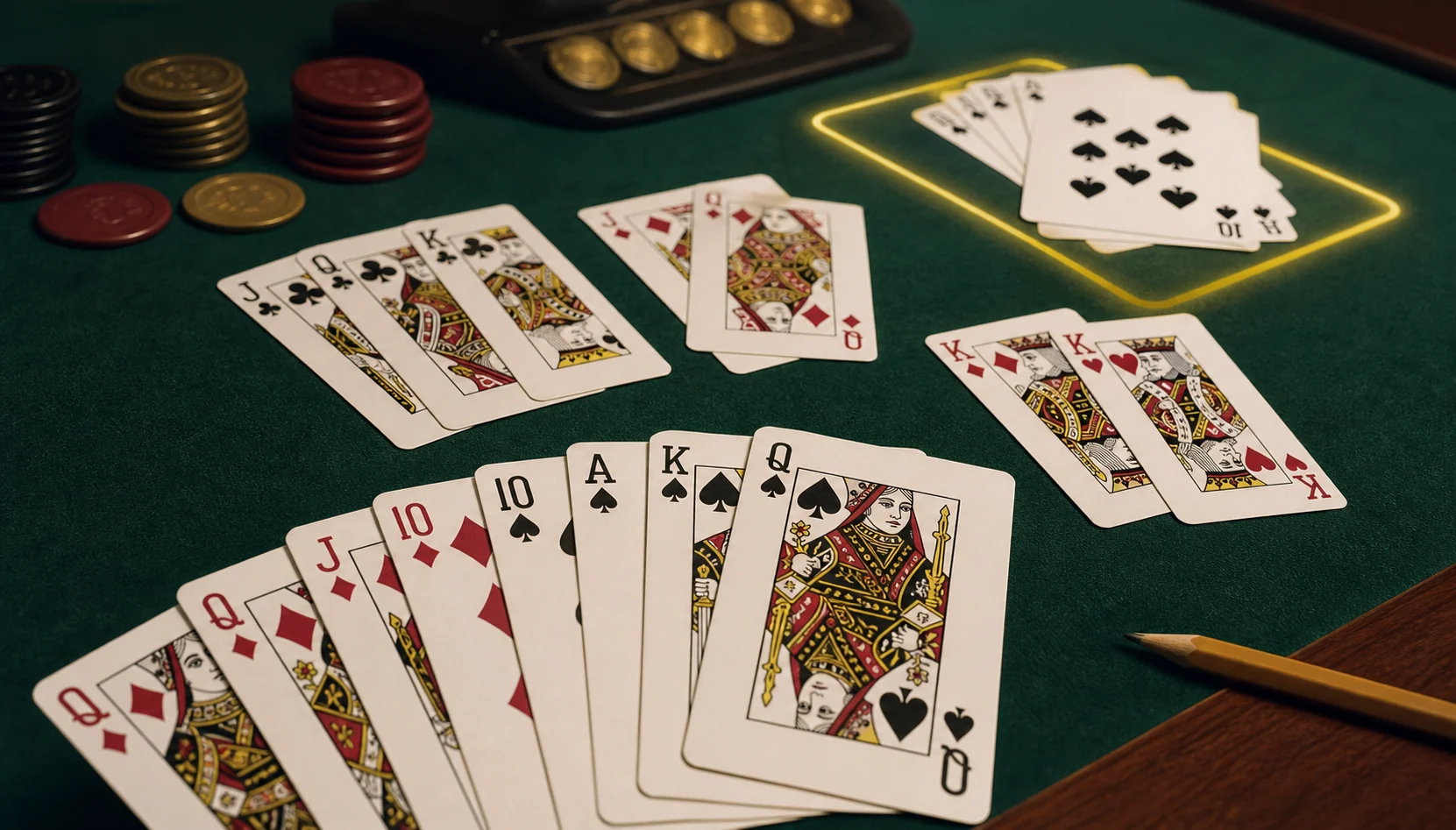 Pinochle strategy table with trump cards and planned tricks